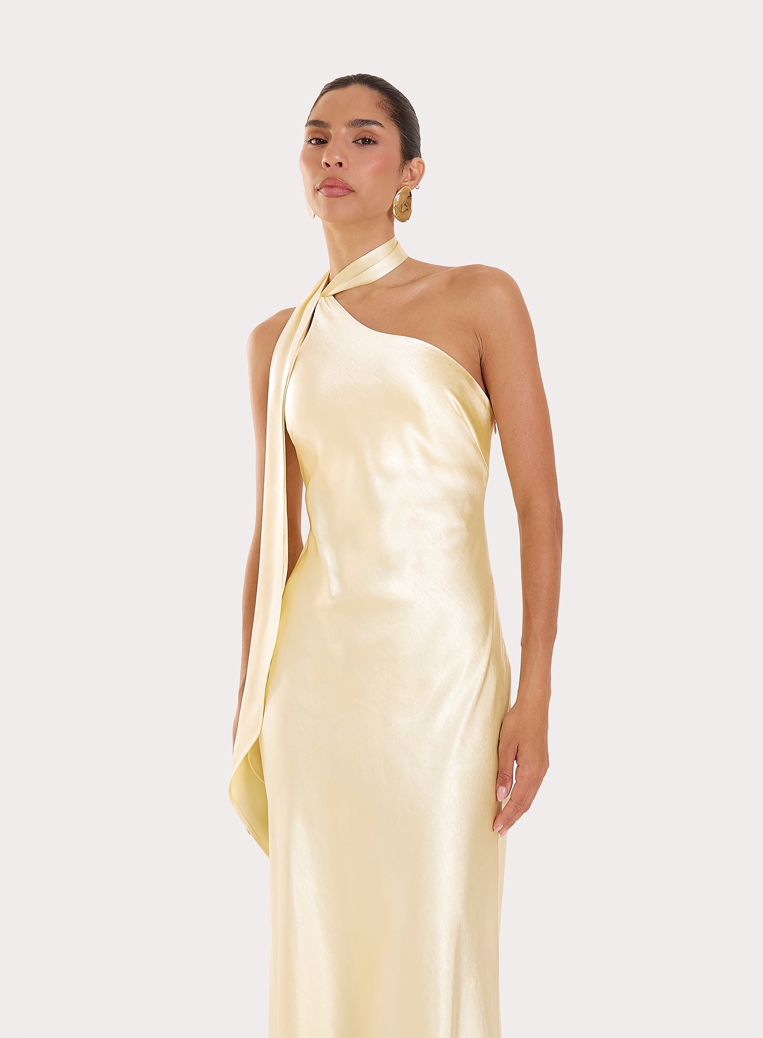 Lemon Satin One Shoulder Maxi Dress